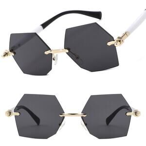 Modern Gold and White Geometric Sunglasses Womens Stylish Rimless Hexagon Tinted